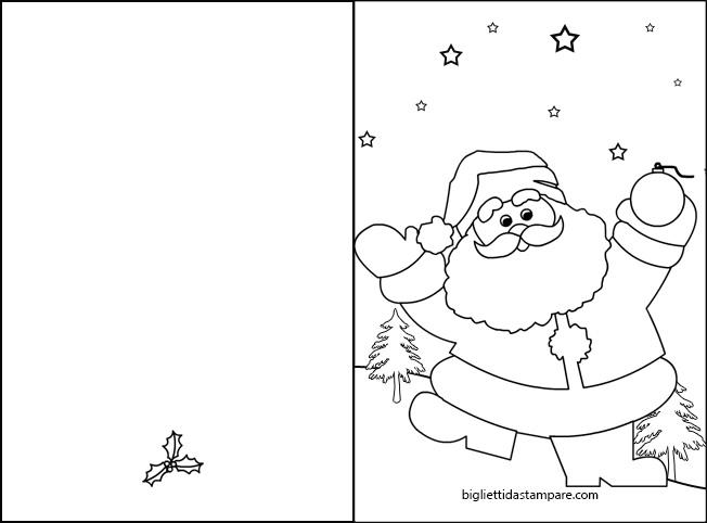 Biglietto di Natale con Babbo Natale e stelle da colorare