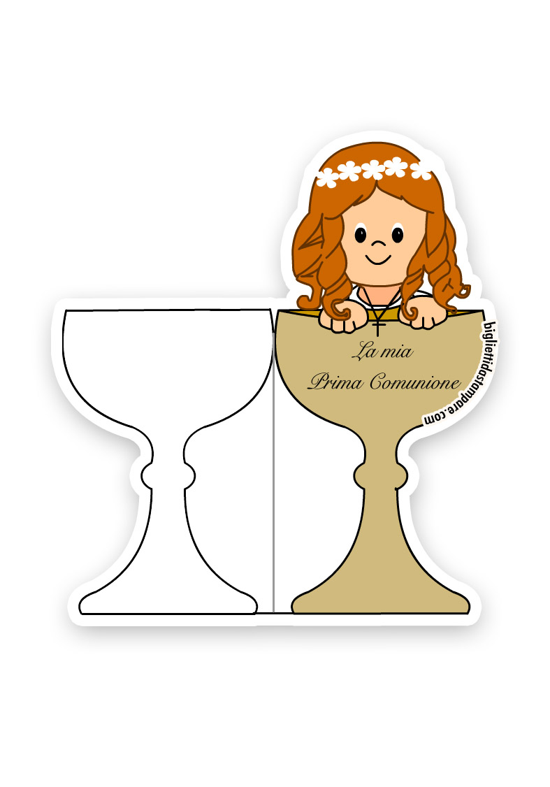 Bambina con calice Prima Comunione – Un’immagine dolce e significativa che ritrae una bambina accanto a un calice, simbolo della sua Prima Comunione. La composizione è arricchita dalla scritta La mia Prima Comunione, perfetta per ricordare e celebrare questo momento speciale. Ideale da stampare per biglietti, inviti, segnaposto o ricordi da condividere con parenti e amici.