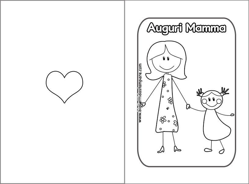 Biglietto madre e figlia da colorare - Un biglietto semplice e raffinato che raffigura una madre e una figlia che si tengono per mano, disegnate in stile stilizzato e lineare. La composizione è arricchita dalla scritta Auguri Mamma, ben visibile, che trasmette un messaggio di affetto e gratitudine. Ideale per accompagnare un pensiero speciale in occasioni come la Festa della Mamma, un compleanno o un momento importante, questo biglietto unisce eleganza e calore in un’unica immagine.