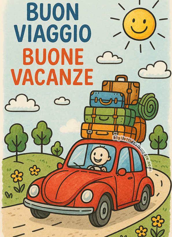 auto rossa con valigie sul tetto, sole sorridente e scritta buon viaggio e buone vacanze