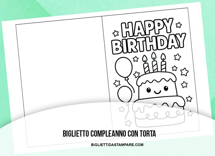 Biglietto pieghevole con torta kawaii da colorare sorridente con palloncini