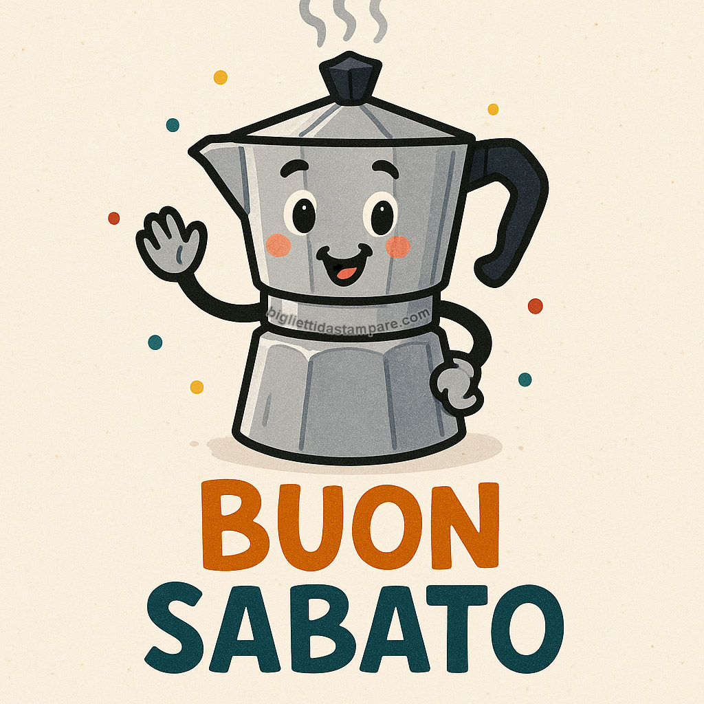Immagine nuova Buon Sabato con caffettiera cartoon sorridente da condividere.
