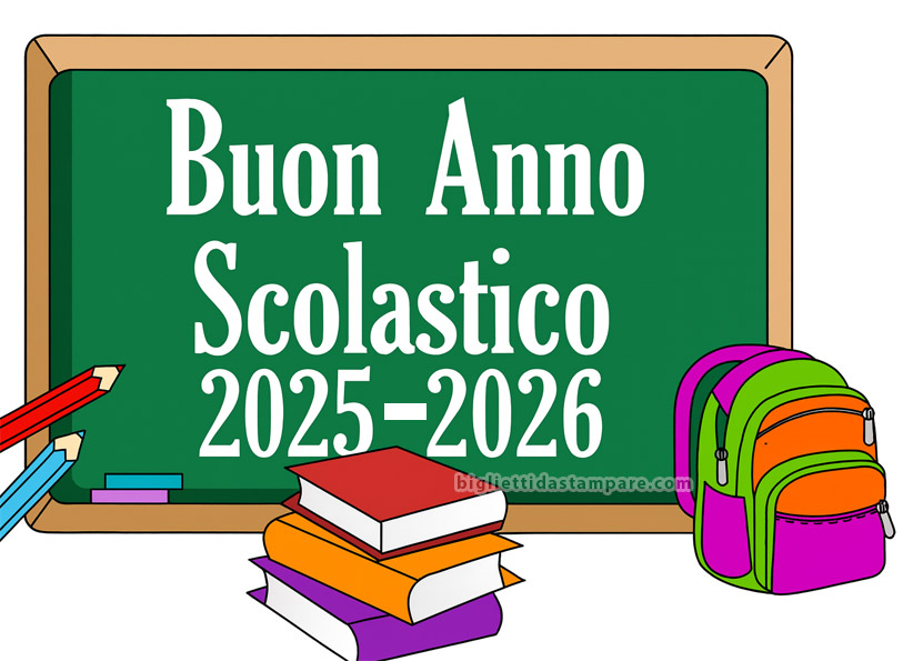 Immagine da condividere Buon Anno Scolastico 2025-2026 con lavagna, matite, libri e zaino colorato.