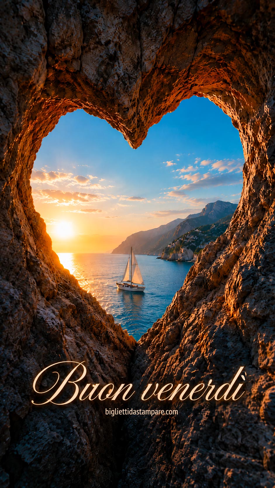 Buongiorno venerdì estivo 1 buongiorno buon venerdì estivo con tramonto sul mare e roccia a cuore