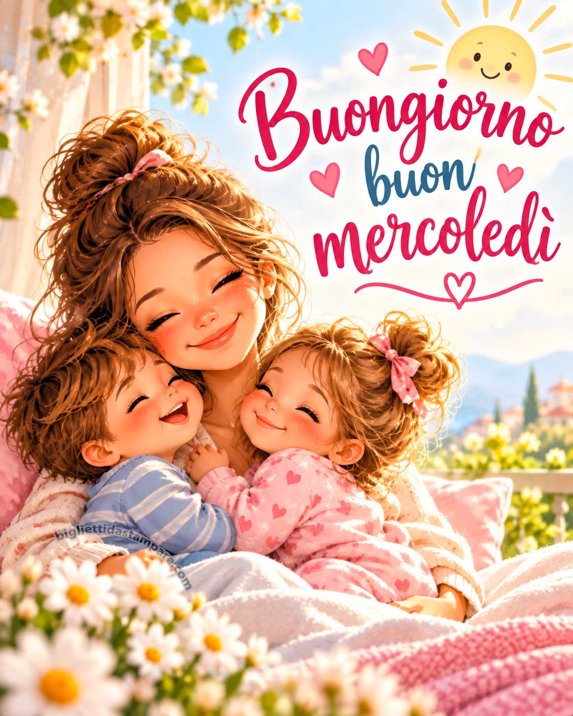 Buongiorno e buon mercoledì con mamma e bambini sorridenti in una luminosa giornata di sole